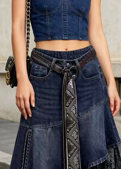 Denim Blue Patchwork Lace Skirt Low High Design Summer