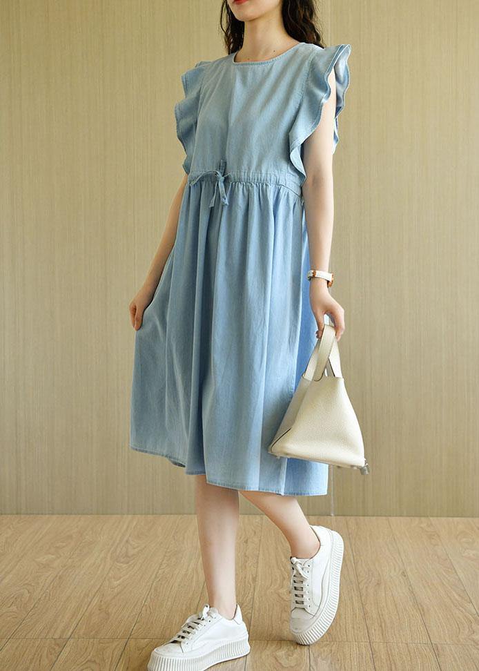 Denim Light Blue O-necktie Waist Summer Cotton Dresses Sleeveless