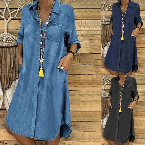 KS | Jeans midi dress with rolled-up sleeves and a breast pocket.