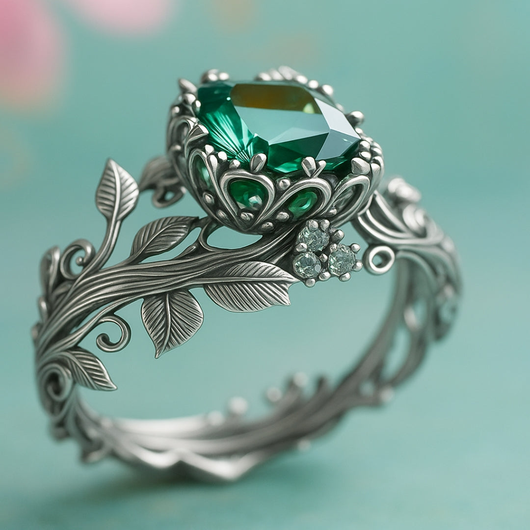 Nature Green Crystal Silver Ring