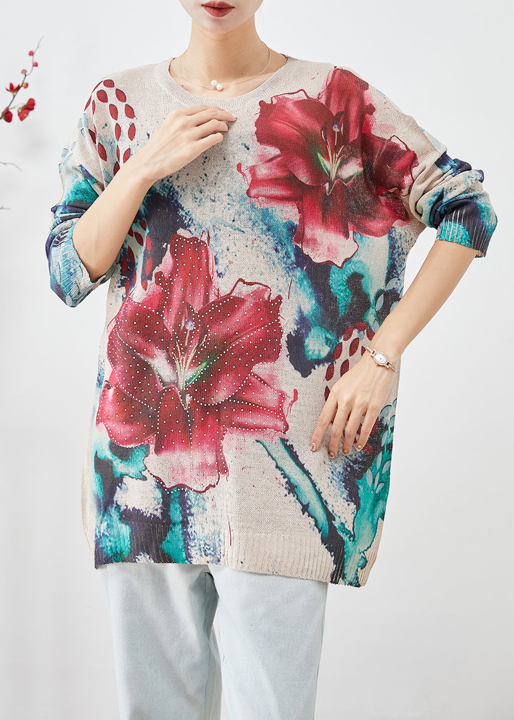 Diy Beige Oversized Print Knit Pullover Fall