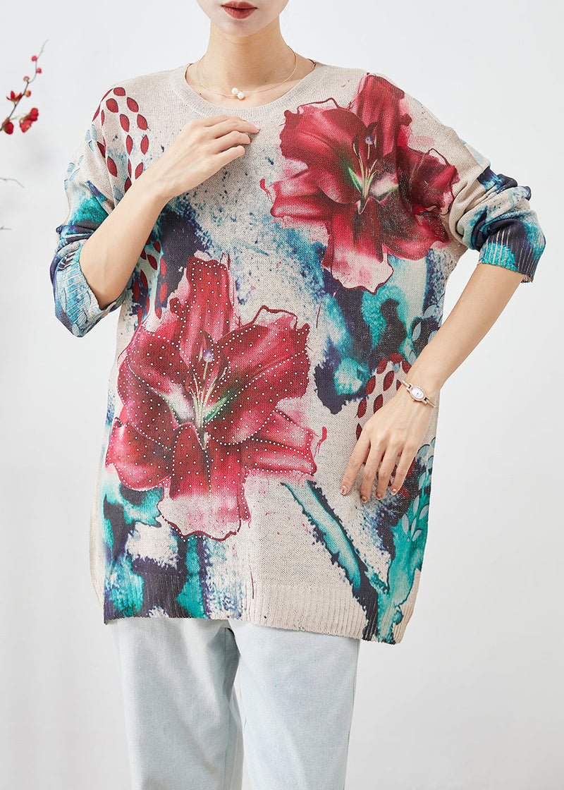 Diy Beige Oversized Print Knit Pullover Fall
