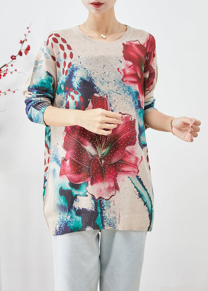 Diy Beige Oversized Print Knit Pullover Fall
