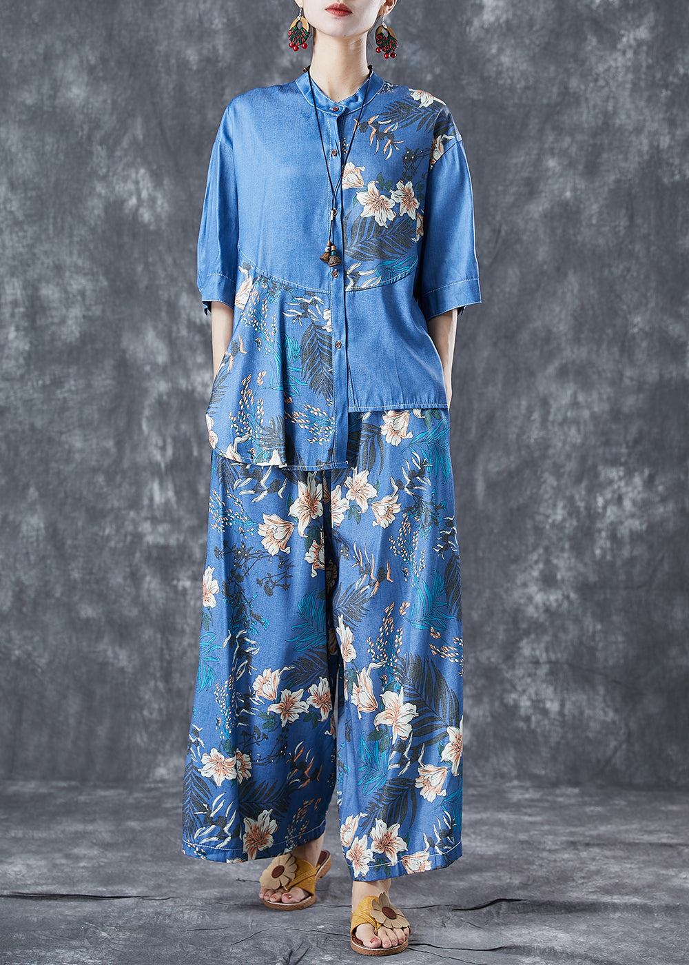 Diy Blue Asymmetrical Print Denim Two-piece Set Summer