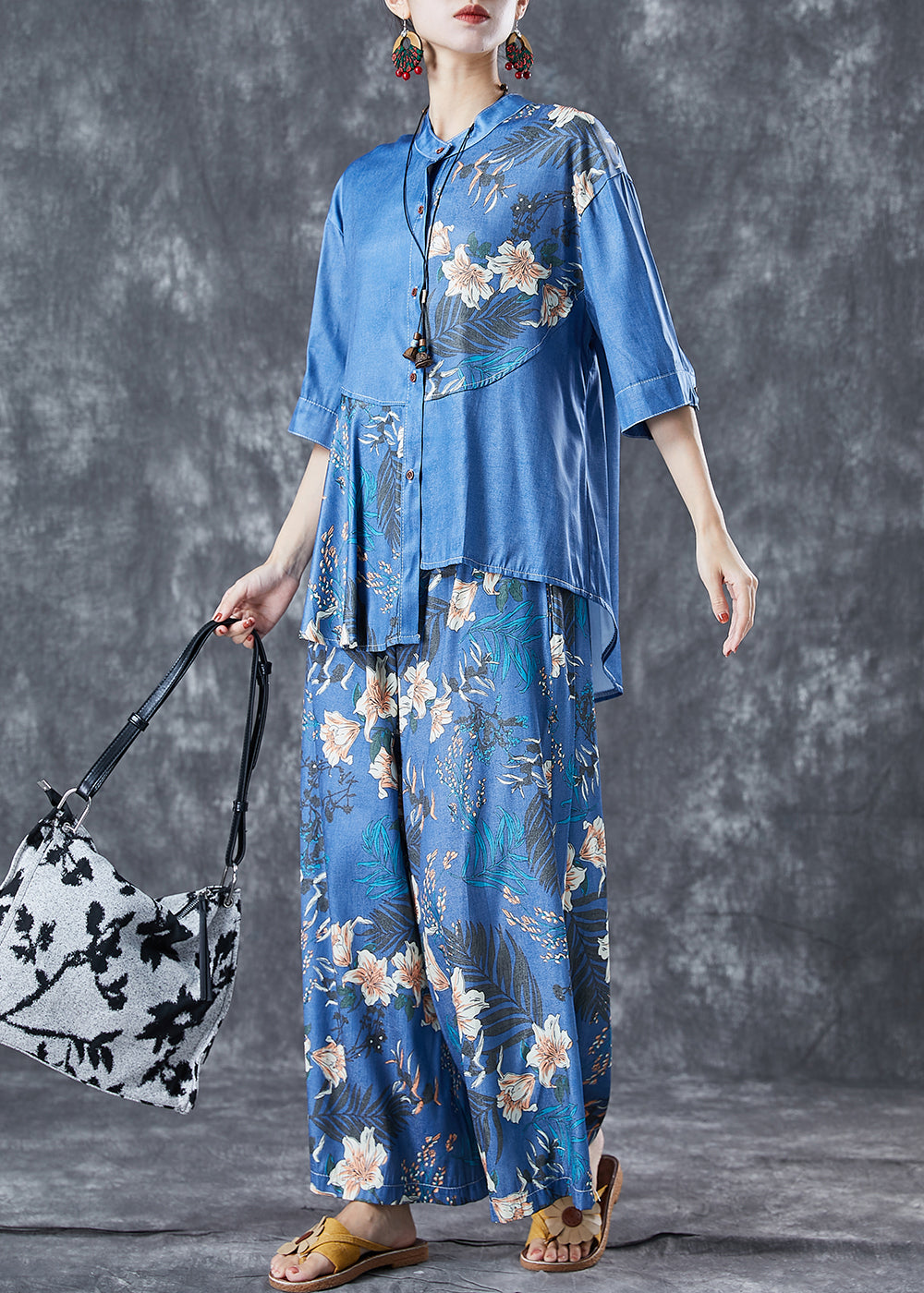 Diy Blue Asymmetrical Print Denim Two-piece Set Summer
