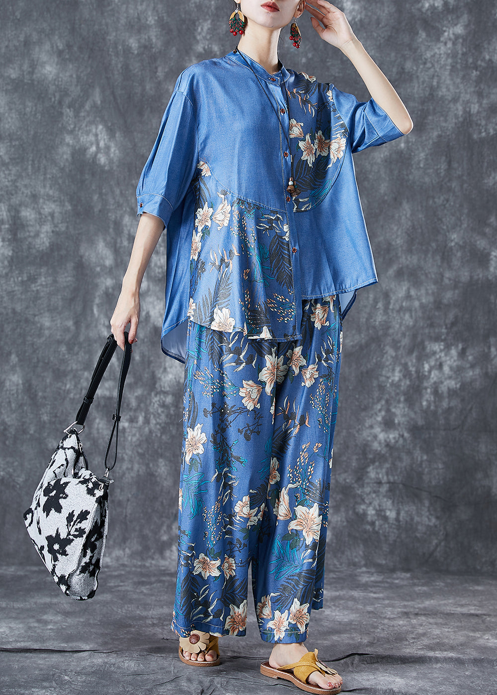 Diy Blue Asymmetrical Print Denim Two-piece Set Summer