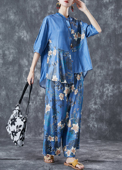 Diy Blue Asymmetrical Print Denim Two-piece Set Summer