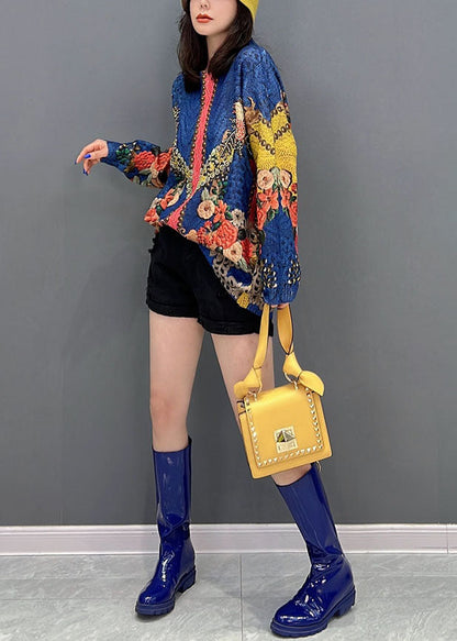 Diy Blue O-neck Print Knit Sweater Tops Winter