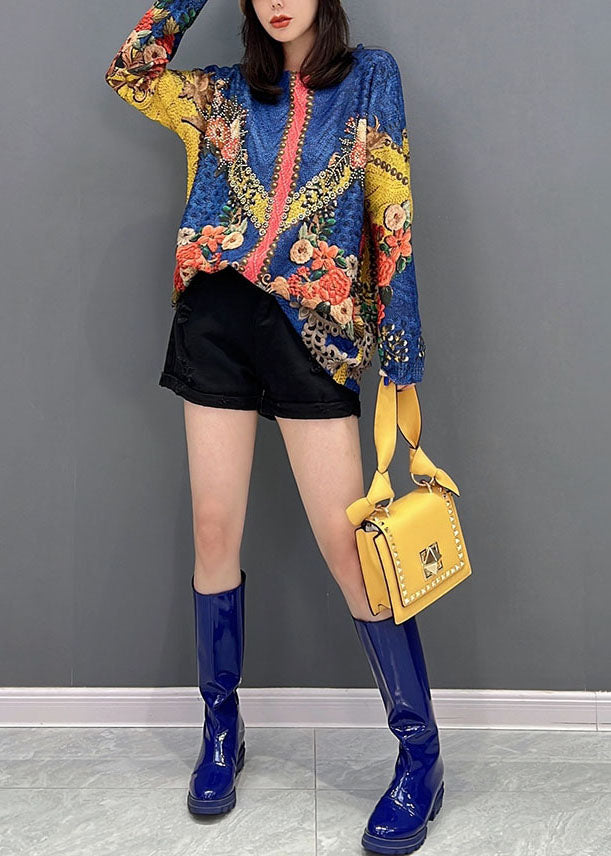 Diy Blue O-neck Print Knit Sweater Tops Winter