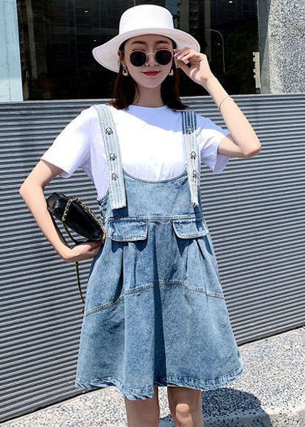 Diy Blue Oversized Patchwork Denim Strap Dress Two Piece Set Clothing Summer