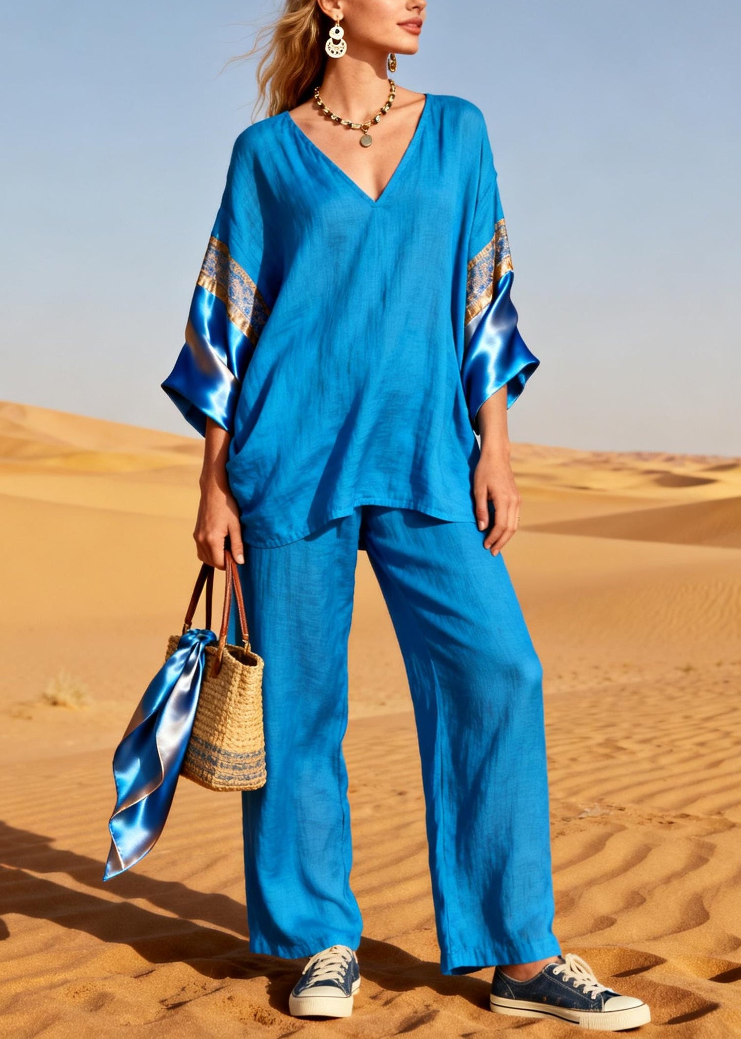 Diy Blue Oversized Patchwork Linen Silk Two Piece Set Outfits Spring