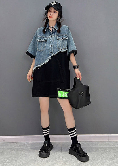 Diy Blue Peter Pan Collar Asymmetrical Denim Patchwork Button Pockets Dress Short Sleeve