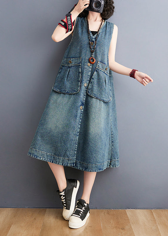 Diy Blue V Neck Pockets Cotton Denim a Line Dresses Sleeveless