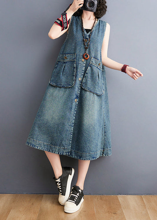 Diy Blue V Neck Pockets Cotton Denim a Line Dresses Sleeveless