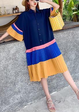 Diy Blue Yellow Patchwork Turn-down Collar Summer Holiday Dress