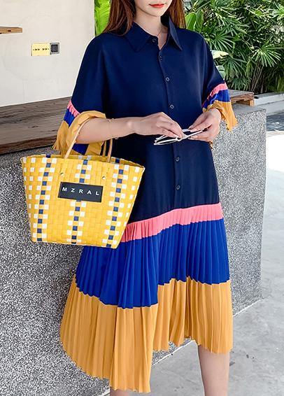 Diy Blue Yellow Patchwork Turn-down Collar Summer Holiday Dress