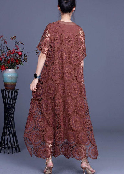 Diy Chocolate Embroideried Pockets Lace Button Summer Dresses