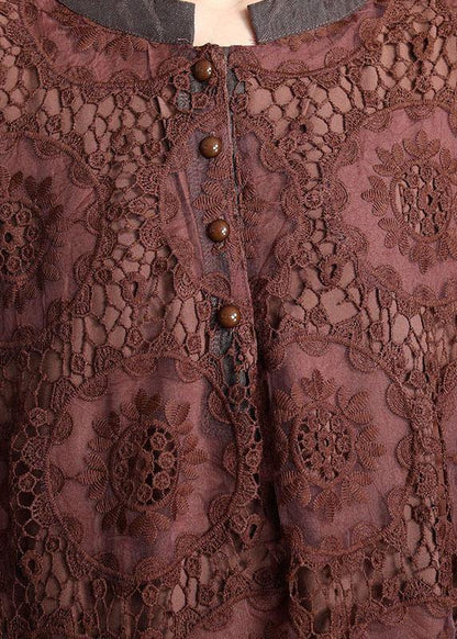 Diy Chocolate Embroideried Pockets Lace Button Summer Dresses