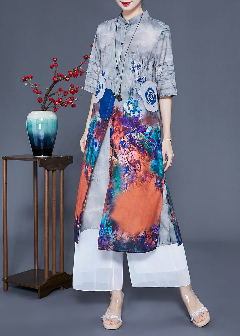 Diy Grey Stand Collar Oversized Tie Dye Silk Two Piece Set Clothing Summer