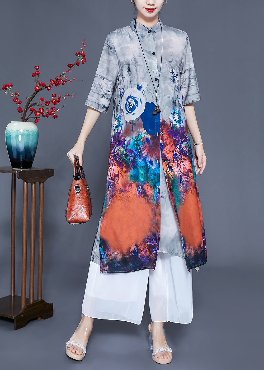 Diy Grey Stand Collar Oversized Tie Dye Silk Two Piece Set Clothing Summer