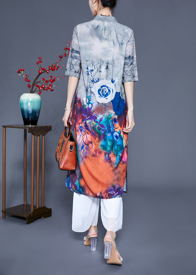 Diy Grey Stand Collar Oversized Tie Dye Silk Two Piece Set Clothing Summer