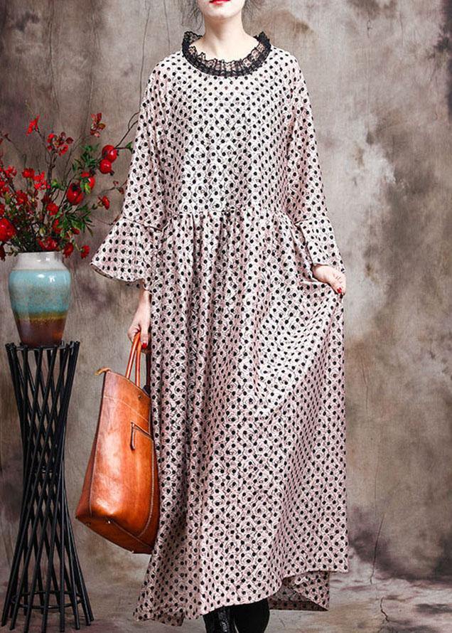 Diy Khaki Dot Silk Patchwork Lace Mid Dress Summer