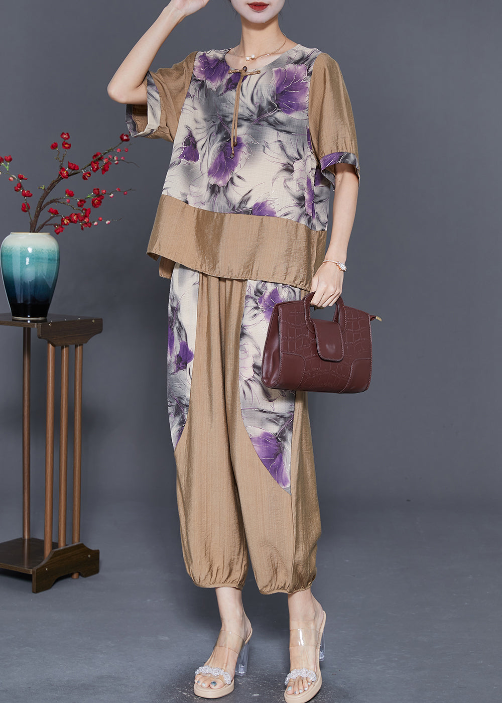 Diy Khaki Oversized Patchwork Tassel Linen Sets 2 Pieces Summer