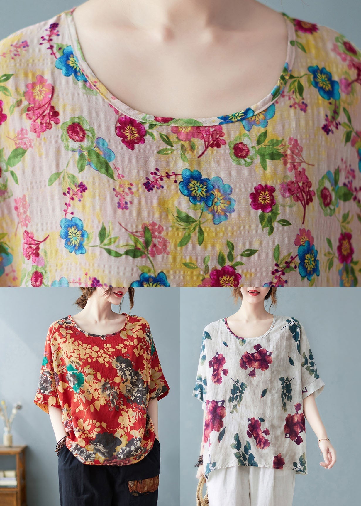 Diy Light Yellow O-neck Oversized Print Cotton Tanks Short Sleeve