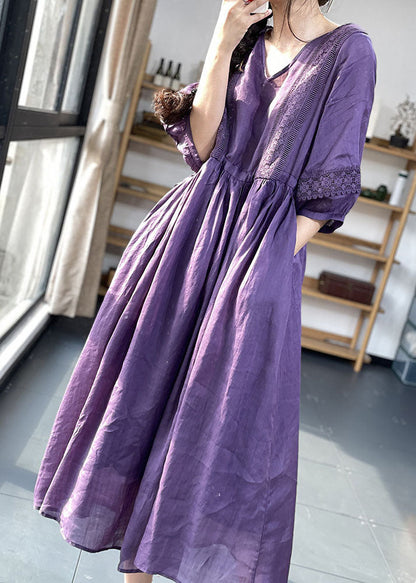 Diy Purple V Neck Cinched Lace Patchwork Exra Large Hem Cotton Dresses Lantern Sleeve