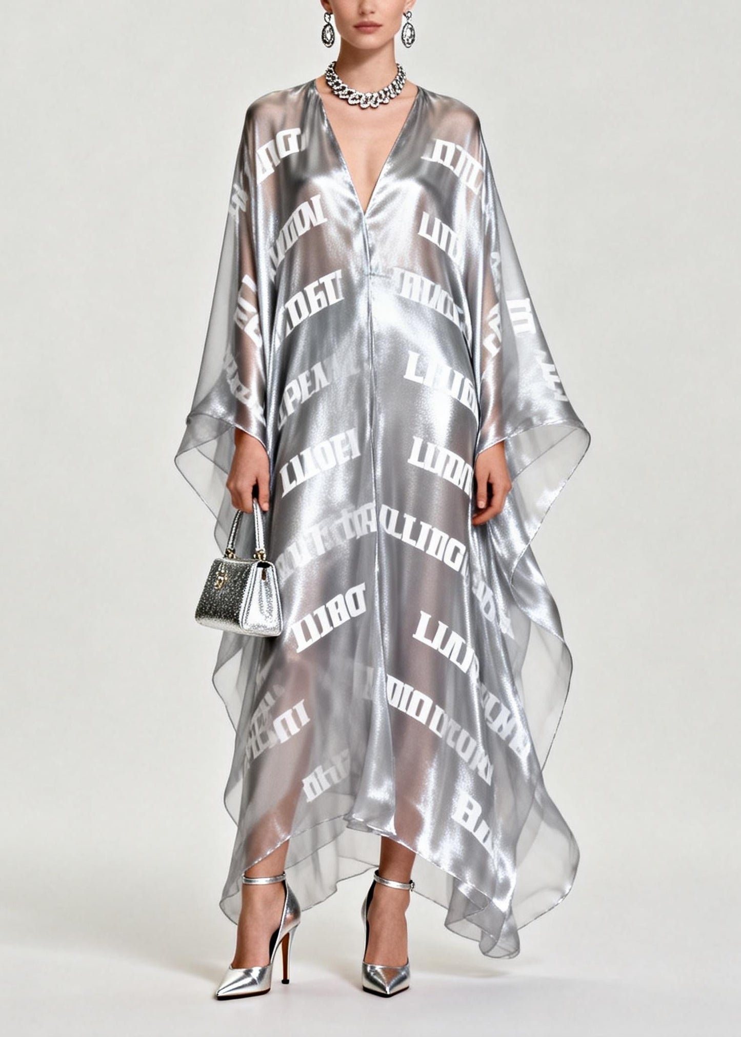 Diy Silvery Oversized Letter Print Chiffon Maxi Dress Summer
