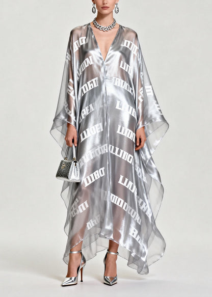 Diy Silvery Oversized Letter Print Chiffon Maxi Dress Summer