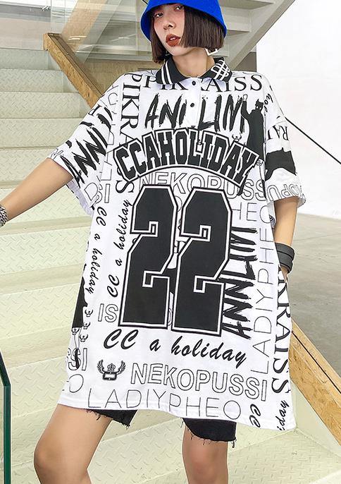 Diy White Graphic Cotton Turn-down Collar Summer Maxi Dresses