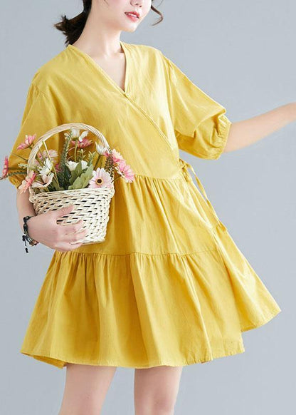 Diy Yellow Button Asymmetrical Design Summer Cotton Dress