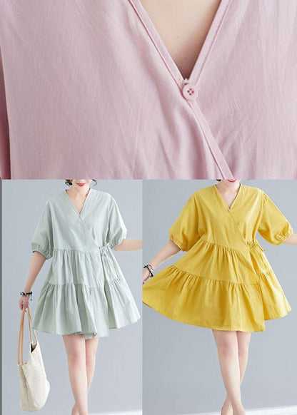 Diy Yellow Button Asymmetrical Design Summer Cotton Dress