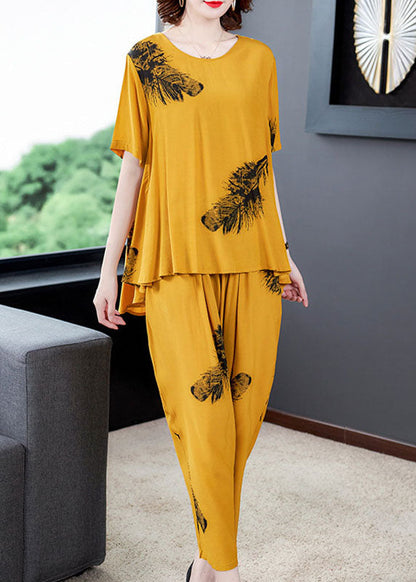 Diy Yellow O-neck Wrinkled Patchwork Cotton Two Piece Suit Set Summer