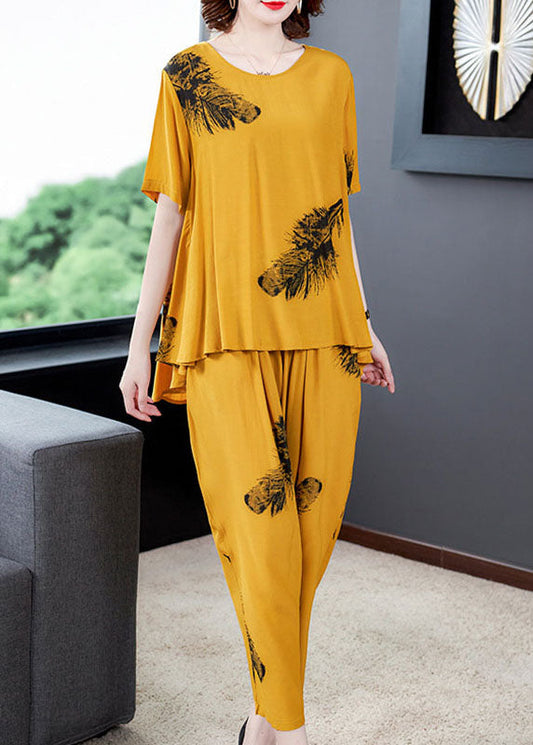 Diy Yellow O-neck Wrinkled Patchwork Cotton Two Piece Suit Set Summer