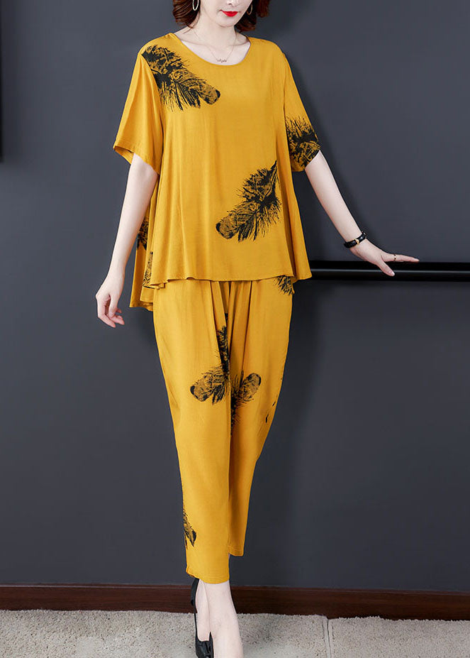 Diy Yellow O-neck Wrinkled Patchwork Cotton Two Piece Suit Set Summer