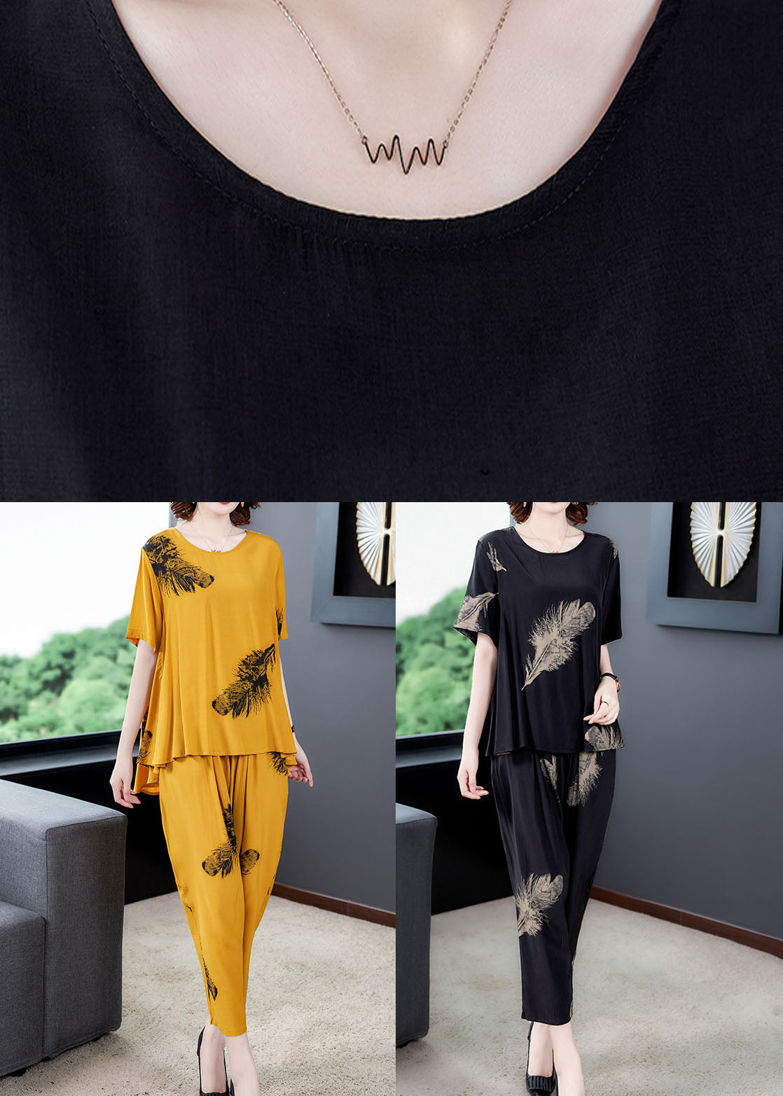 Diy Yellow O-neck Wrinkled Patchwork Cotton Two Piece Suit Set Summer