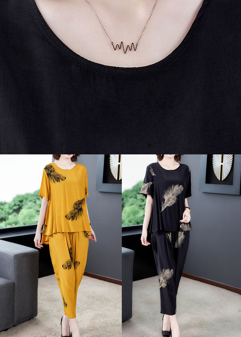 Diy Yellow O-neck Wrinkled Patchwork Cotton Two Piece Suit Set Summer