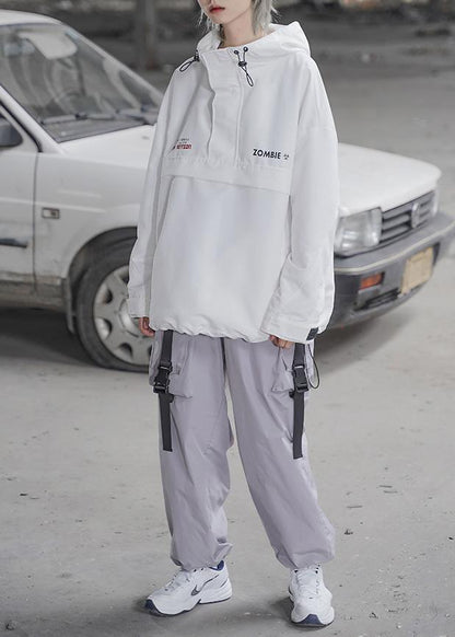 Drawstring Hooded Sweater Spring and Autumn Thin Loose Version Student White Overalls