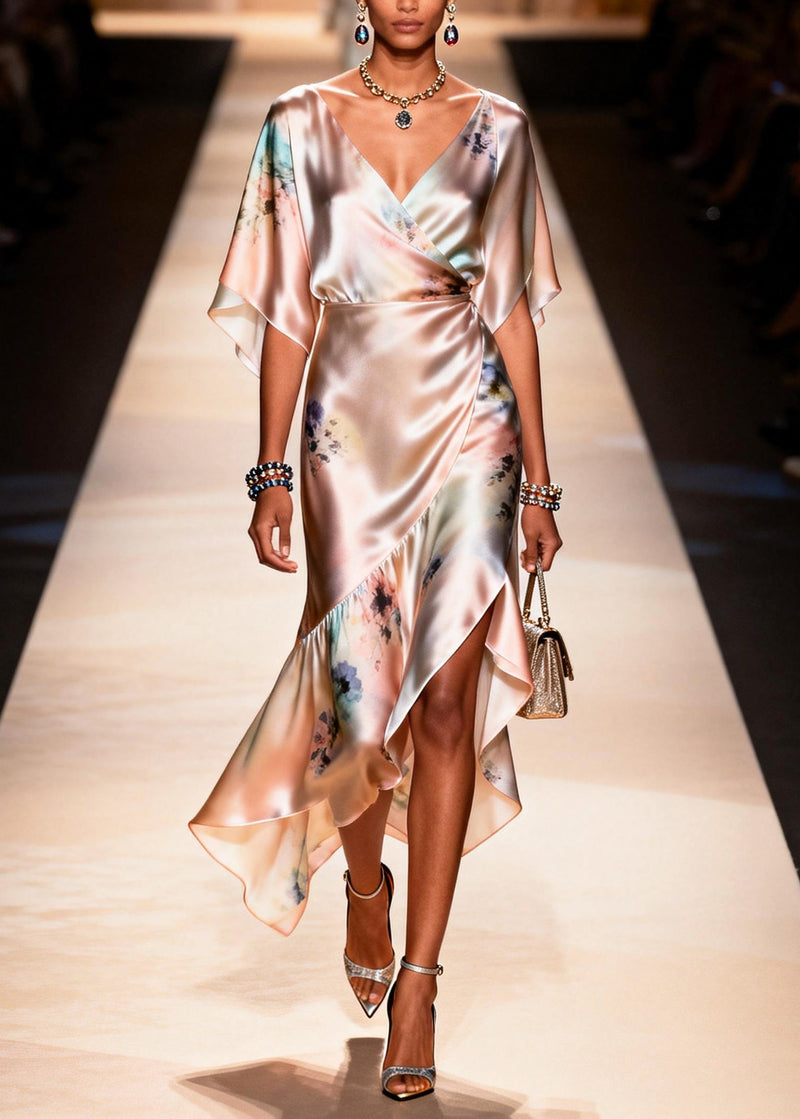 Apricot Asymmetrical Print Chiffon Party Dress Summer