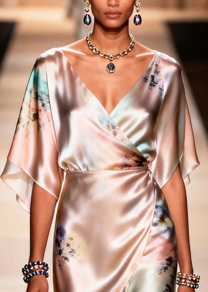 Apricot Asymmetrical Print Chiffon Party Dress Summer