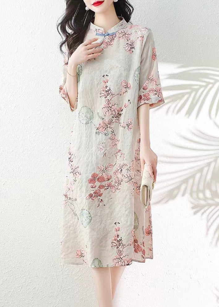 Apricot Button Print Linen Dress Half Sleeve