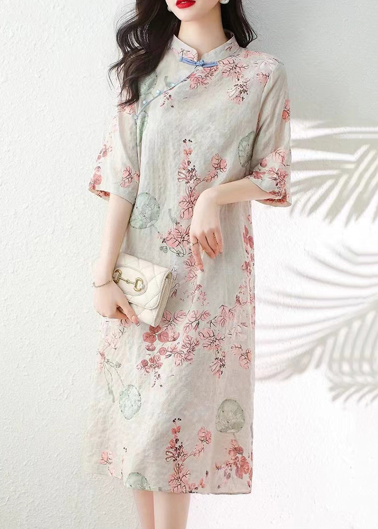 Apricot Button Print Linen Dress Half Sleeve