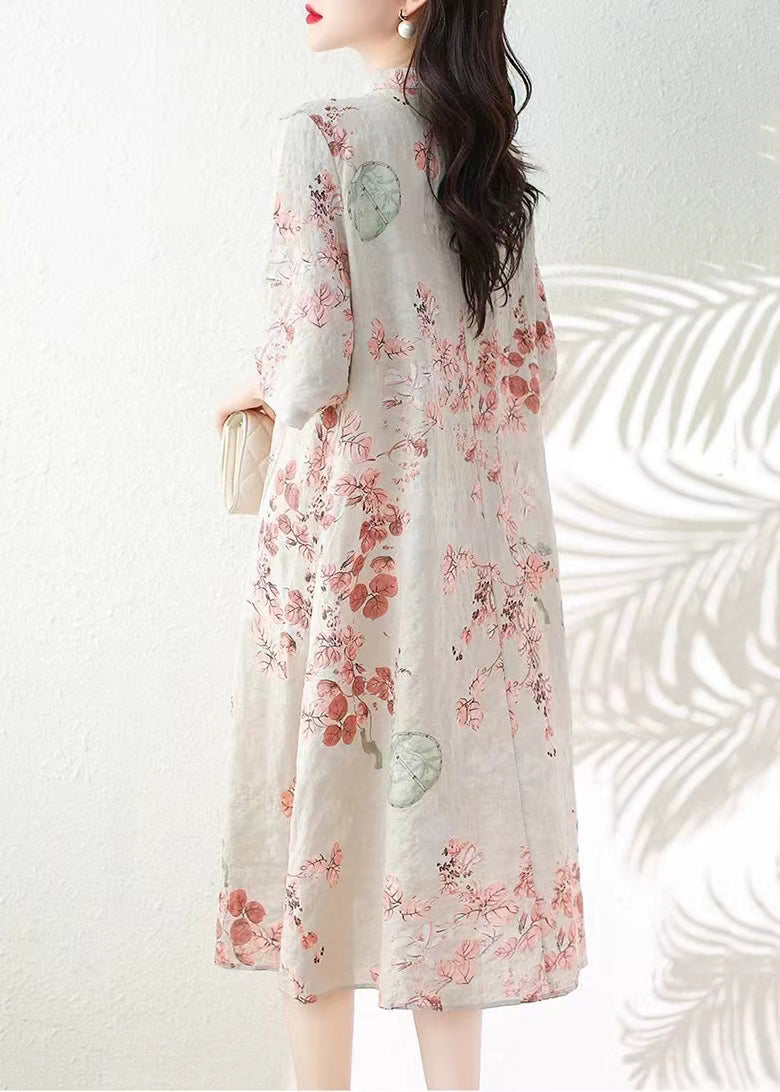 Apricot Button Print Linen Dress Half Sleeve