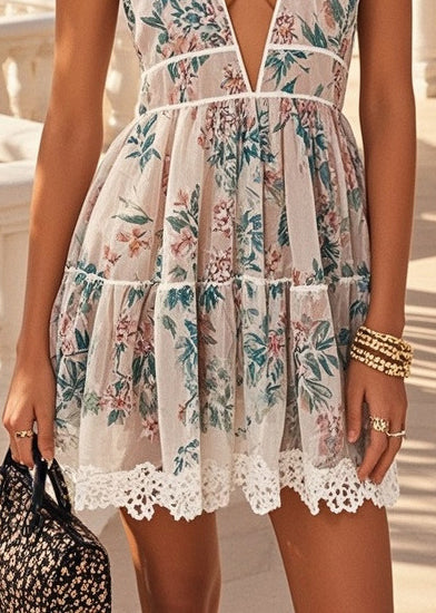 Apricot Deep-v Neck Print Chiffon Mini Dress Summer