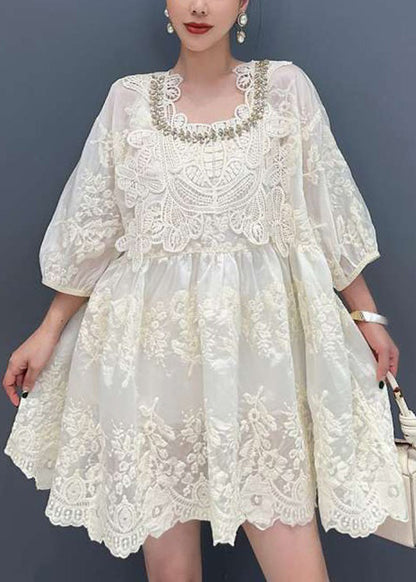 Apricot Embroidered Zircon Lace Mid Dress Bracelet Sleeve