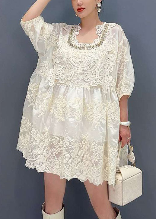 Apricot Embroidered Zircon Lace Mid Dress Bracelet Sleeve