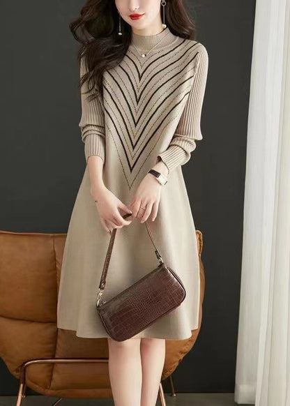 Apricot O Neck Print Zircon Patchwork Knit Dress Fall