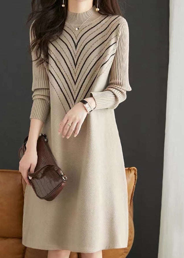 Apricot O Neck Print Zircon Patchwork Knit Dress Fall